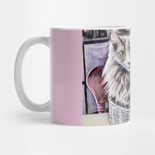 Grey Green Eyed Cat In Basket Mug